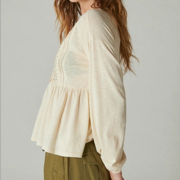 Lucky Brand Beaded Pintuck Peplum Top XL Cream Embroidered Boho Casual Chic NWT - Picture 2 of 11